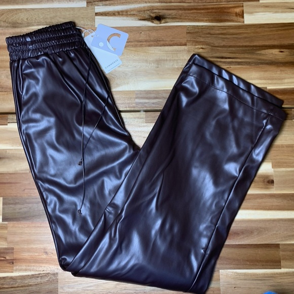 Commense Chocolate Brown Wide Leg Elastic Waist Drawstring Faux Leather Pants Sm - Picture 4 of 10